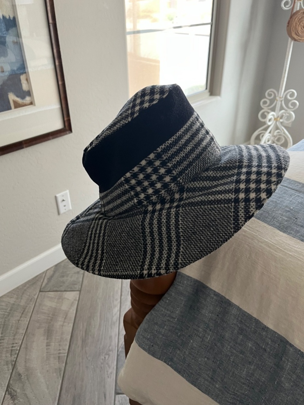 NWT Bella Starr Black/Gray Houndstooth Wide Brim Wool Fedora Hat OS Retro Boho